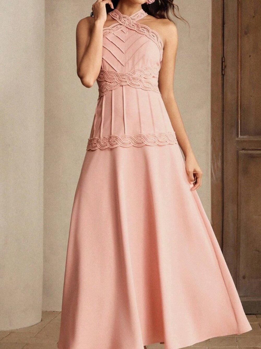 Dusty Pink Elegant Women's Halter Neck Lace Trim Patchwork Long Dress - Picture 5 of 7